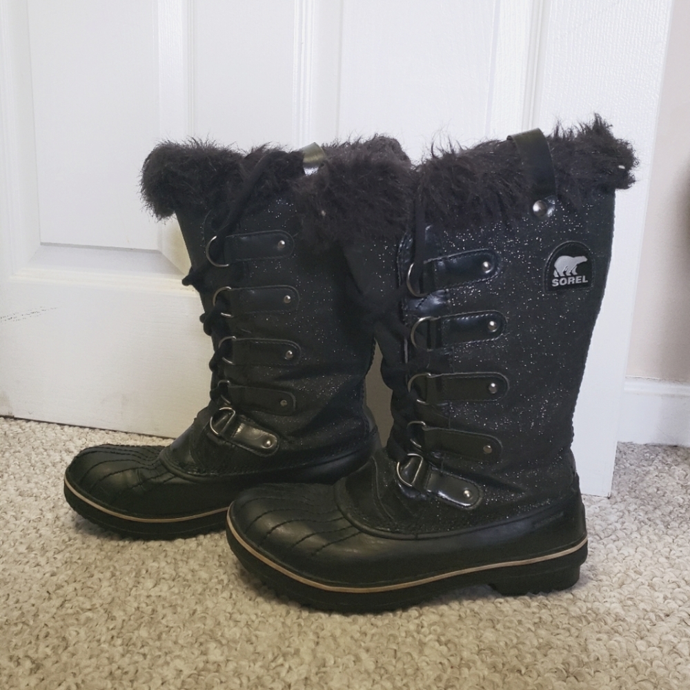Sorel Winter Boots 7.5 Sparkle Black Fur Cuff